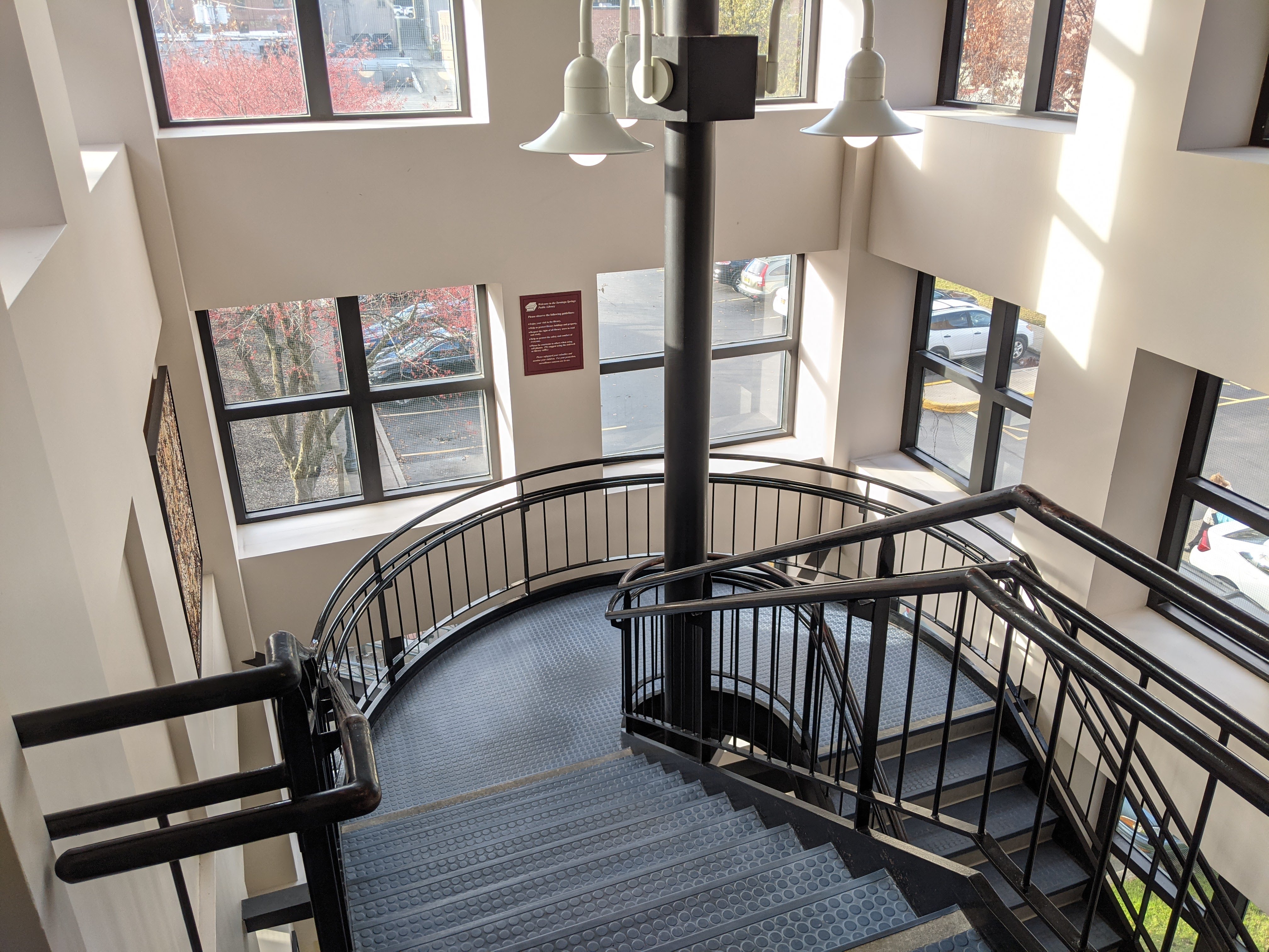 Second floor stairwell, looking down towards the Putnam Street parking lot.