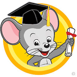 ABCmouse - a cartoon mouse wearing a black graduation cap and holding a paper diploma